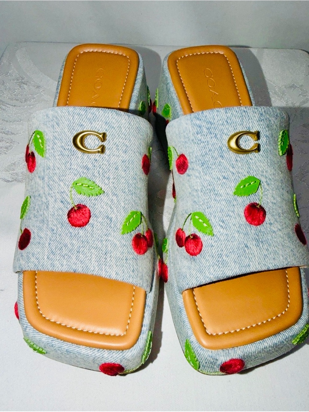 NIB COACH Marie Denim Cherry Embroidered Platform Wedge Slide Sandals Sz 7.5 - Picture 8 of 8